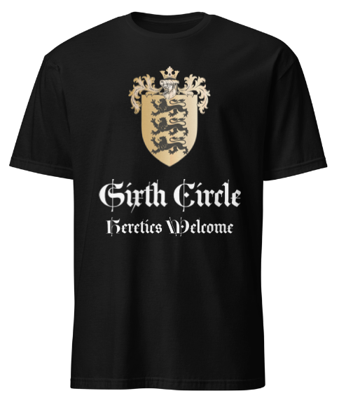 Heretics Welcome Tee — Sixth Circle Productions black t-shirt with gold coat of arms